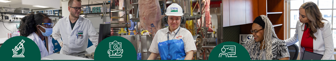 A collage of food safety technical, frontline & office jobs--lab, in-plant & office.